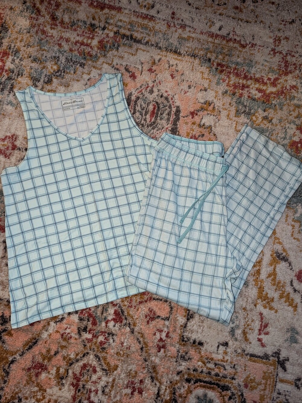Eddie Bauer Women's L Light Blue & Navy Plaid Pajama Tank Top & Pants Soft Cozy